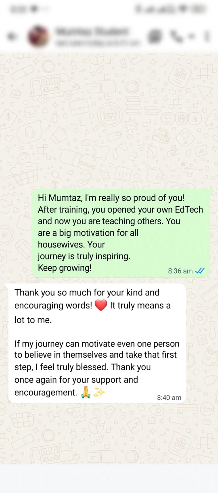 WhatsApp conversation with Mumtaz